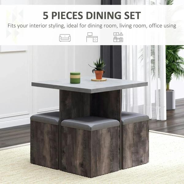 Grey wood-grain dining table with four storage stools and grey seat cushions