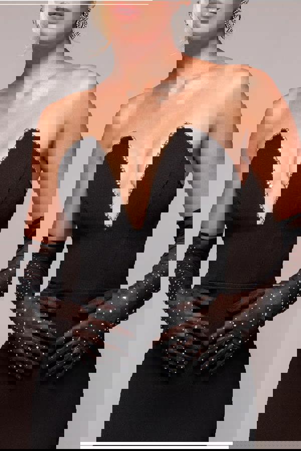 Strapless Super Plunge Diamante Neck Midi Dress - Black DR4760