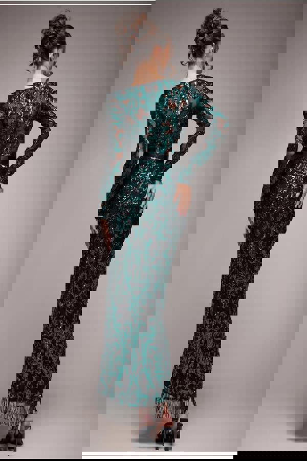 Tassel & Sequin Midaxi With Front Split - Emerald Green DR4006