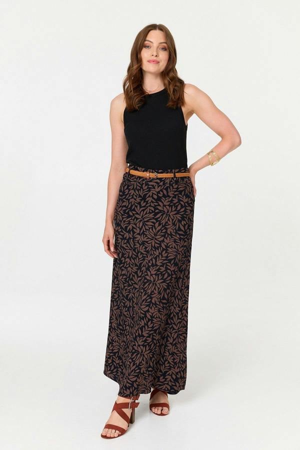 Navy | Leaf Print Belt High Waist Maxi Skirt
