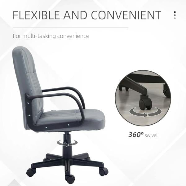 Grey office desk chair showing 360° swivel base with padded seat and armrests