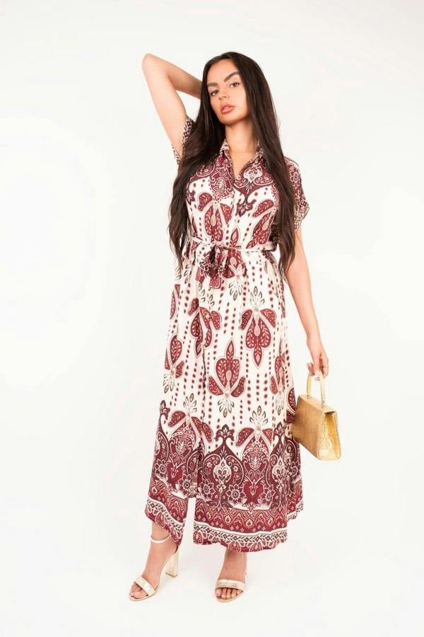 Lianne Collared Short Sleeve Midi Dress With Tie Waist - Red