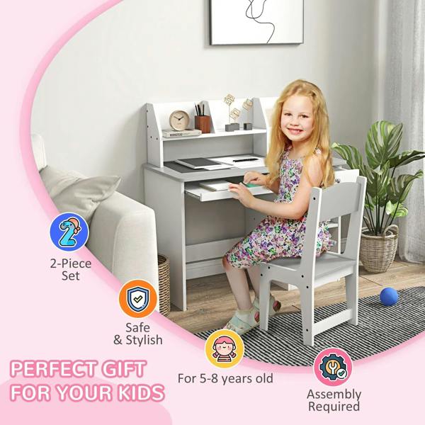 Kids desk and chair set with storage, white desk with shelves and drawer