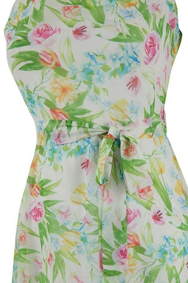 WOVCOR Floral Patterned Belted A-Line Halter Neck Lined Chiffon Midi Dress