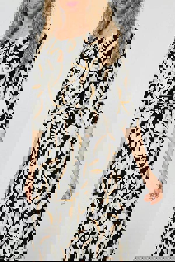 Black | Leaf Print 3/4 Sleeve Midi Tie Dress