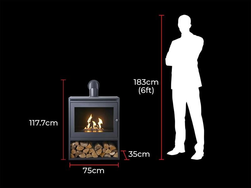 OKO S6 Bio Ethanol Stove with Log Storage in Charcoal Grey with Angled Stove Pipe