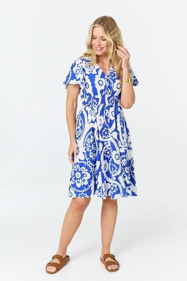 Blue | Printed Knee Length Angel Sleeve Dress