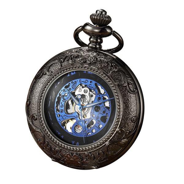 Infinity Leather Vinatage Mechanical Alloy Skeleton Half Hunter Pocket Watch