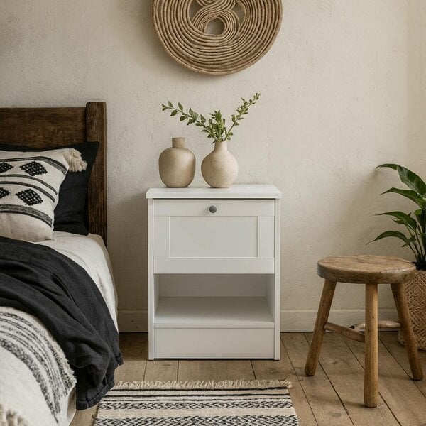 Wyld Haus Cherryfern White Wood Bedside Table 1 Frame Drawer 1 Open Shelf