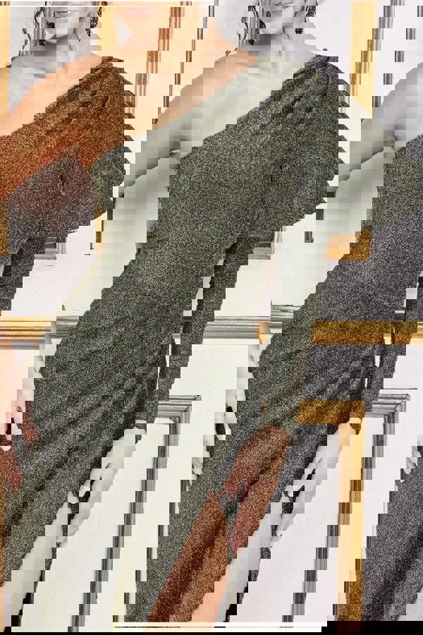 One Sleeve Frill Lurex Maxi Dress - Gold DR3693