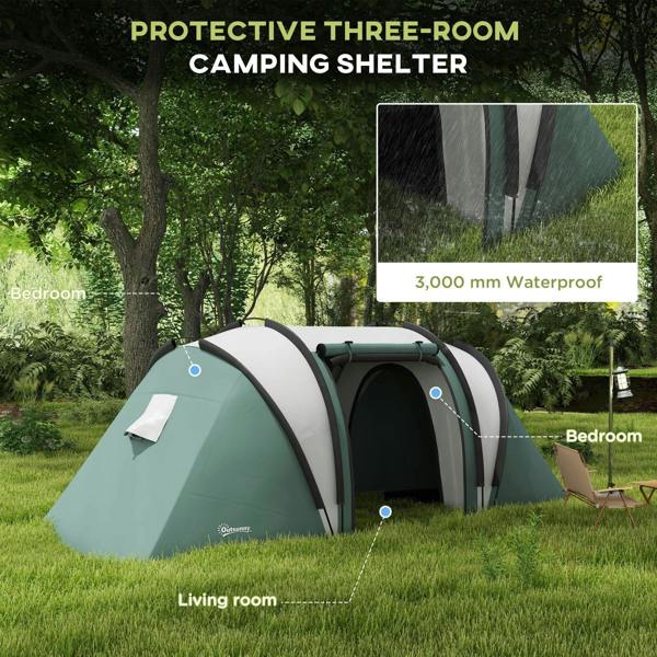 Dark green camping tent with three-room layout and front door entrance