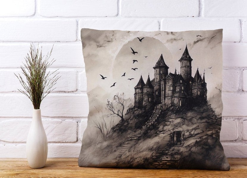 Warren Reed A Realistic Ink Drawing Of A Haunted Castle Cushions