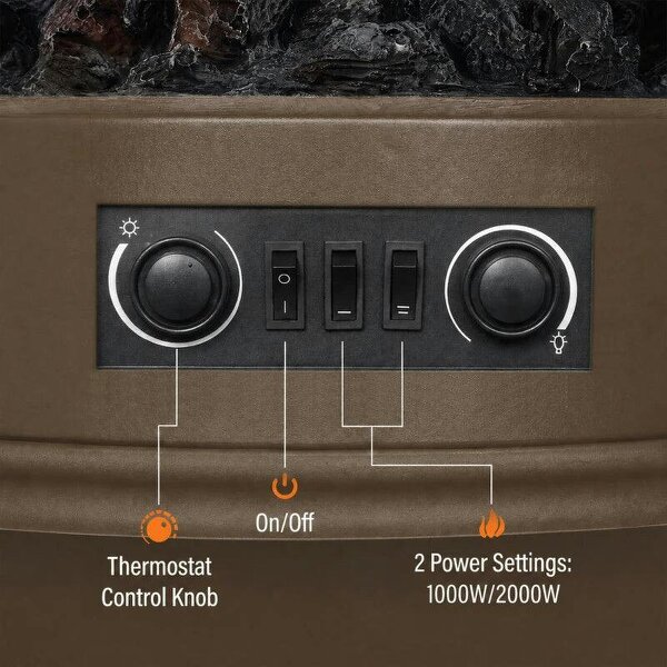 Electric Fireplace Stove, 1000/2000W 3-Sided Freestanding Fireplace Heater with 3D Flame Log, Thermostat, Brown