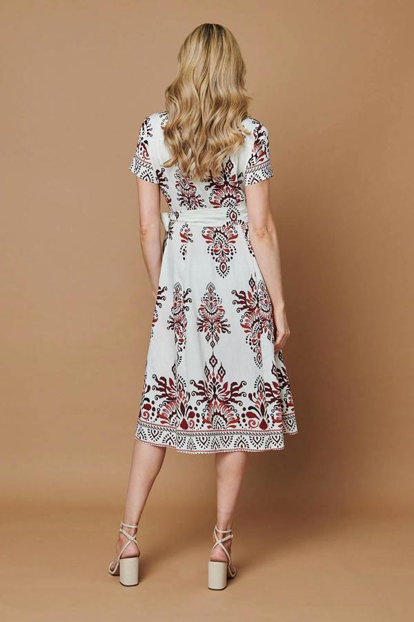 Red | Border Print Short Sleeve Midi Dress