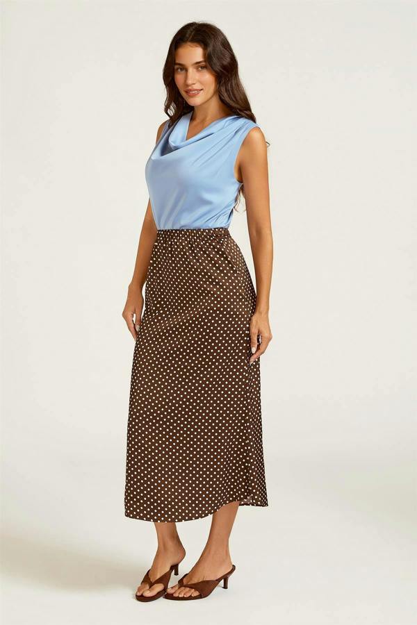 FS Collection Polka Dot Print Satin Midi Skirt In Brown