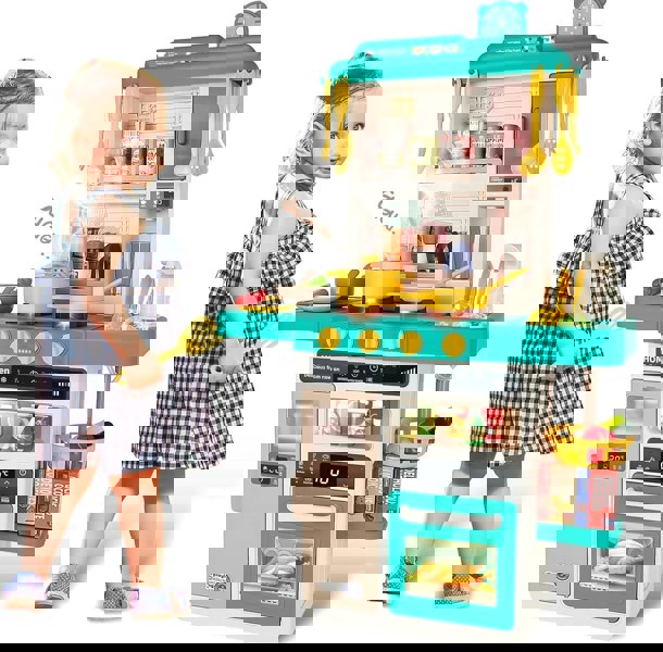 deAO Toys Kitchen Playset Green Kitchen Playset with Realistic Lights and Sounds, Simulated Spray Function