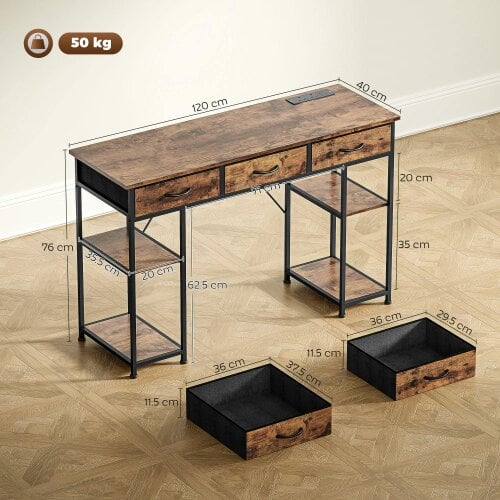 Wyld Haus Hariva 120cm Wooden Rustic Brown Home Office Desk With Power Sockets 3 Fabric Drawers And 4 Storage Shelves
