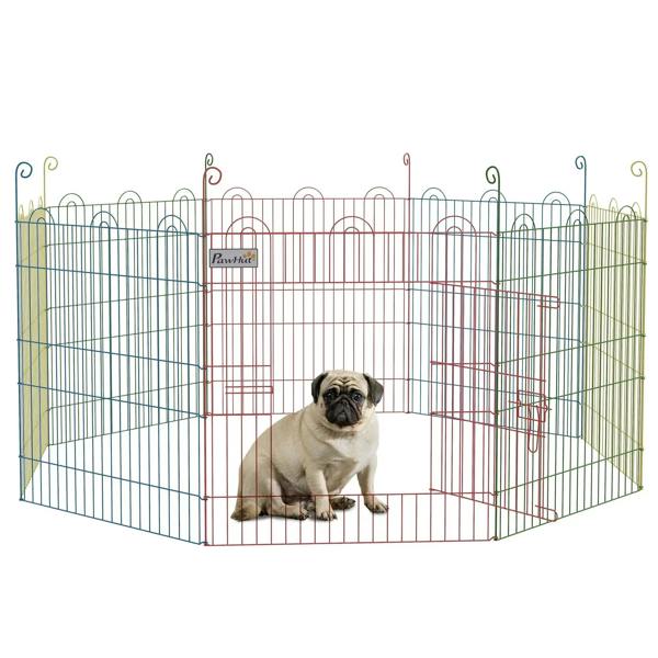 Multicolor eight-panel pet playpen crate with door, wire panels, pug inside