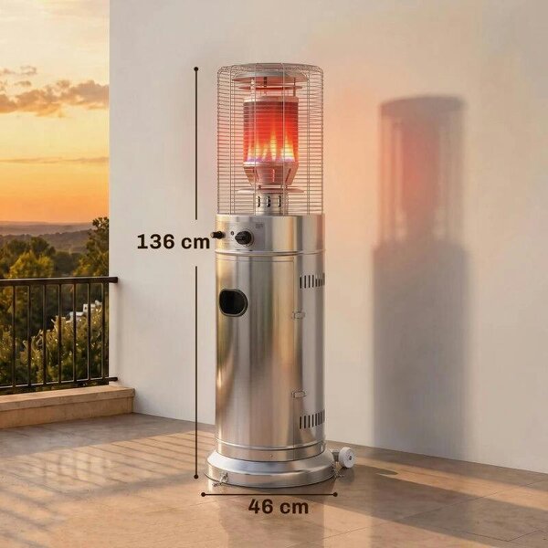 Bobobiy Gas Patio Heater, 13 kW Stainless Steel Portable Propane Outdoor Heater with Pulse Ignition, Tip-over Protection, Silver