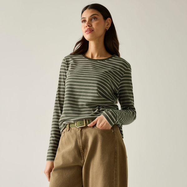 Regatta Womens Federica Stripe Long-Sleeved T-Shirt - Dark Khaki/Light Vanilla