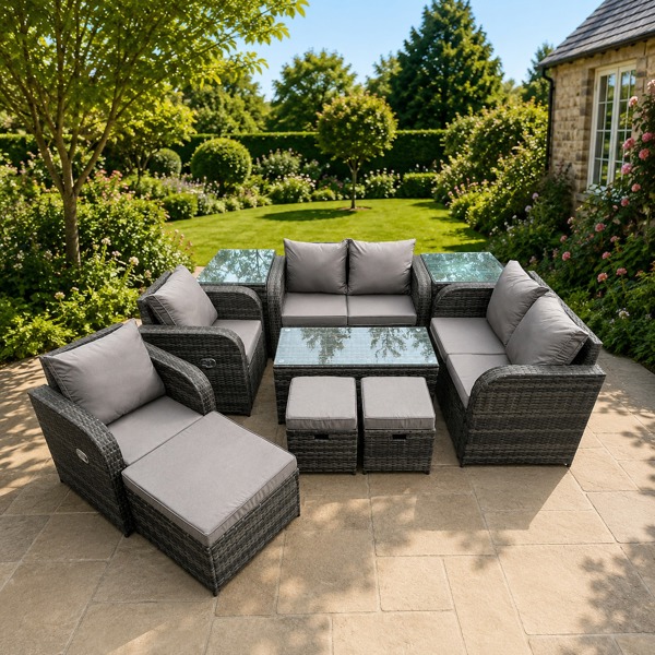Fimous 10 PCS Rattan Garden Furniture Set Outdoor Patio Sofa, Table and Chairs Coffee Table 3 Footstools Ideal for Balcony, Outdoor & indoor Patio Set