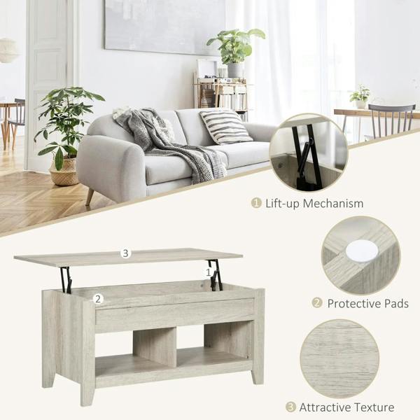Light oak-effect lift-top coffee table with lift-up mechanism and textured surface