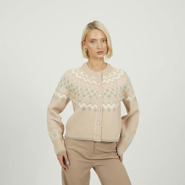 Brave Soul Pale Pink Fairisle Cardigan With Faux Pearl Buttons - Pale Pink Image 1