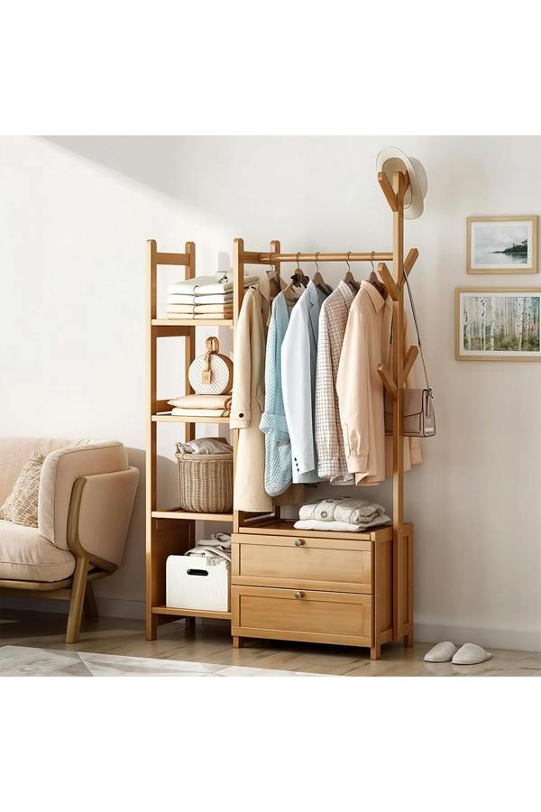 Living and Home Freestanding Bamboo Clothes Rack Garment Rack with Storage Shelves Coat Hanger Hanging Rod
