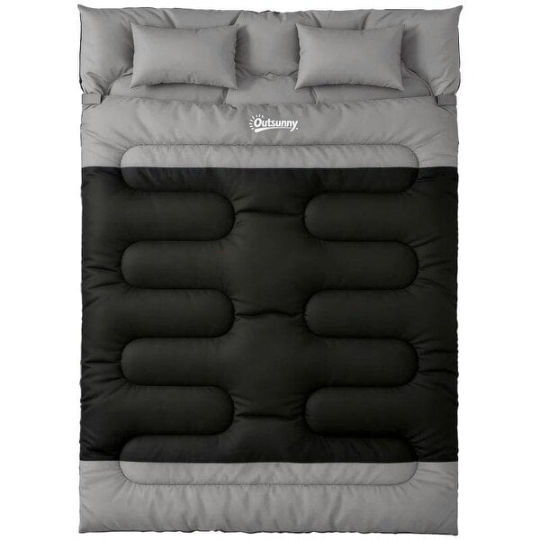 Double Sleeping Bag with 2 Pillows, 220 x 160 cm Extra-Large Sleeping Bag for Adults, Black and Grey