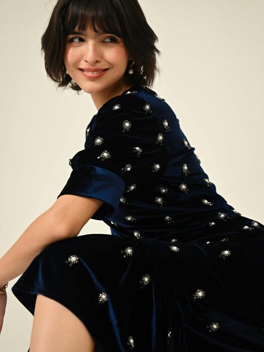Rose & Nancy Stevie Navy Velvet Hand Embellished Midi Dress