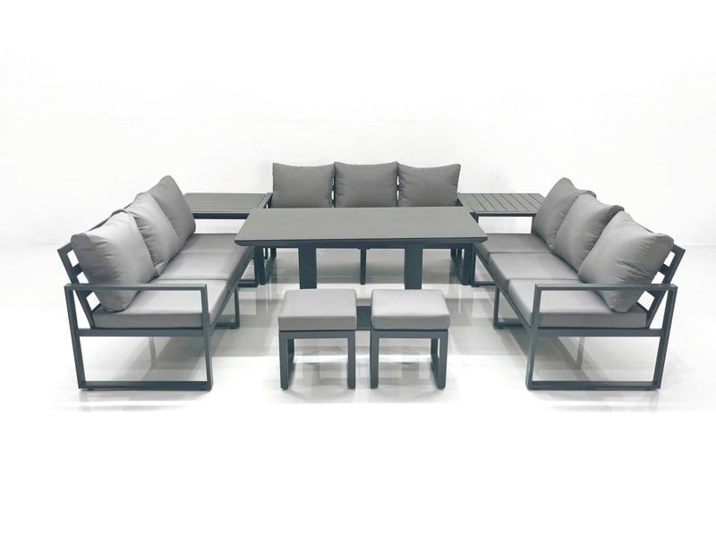 Fimous 11 Seater Garden Sofa Set Aluminium Furniture Rising Dining Tabe Set with 2 Side Tables 2 Small Footstools Dark Grey