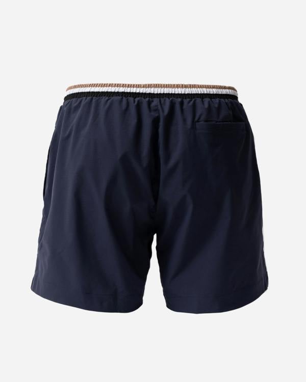back of BOSS Orange Isle Mens Ripstop-Fabric Swim Shorts with Contrast Logo in Navy 413
