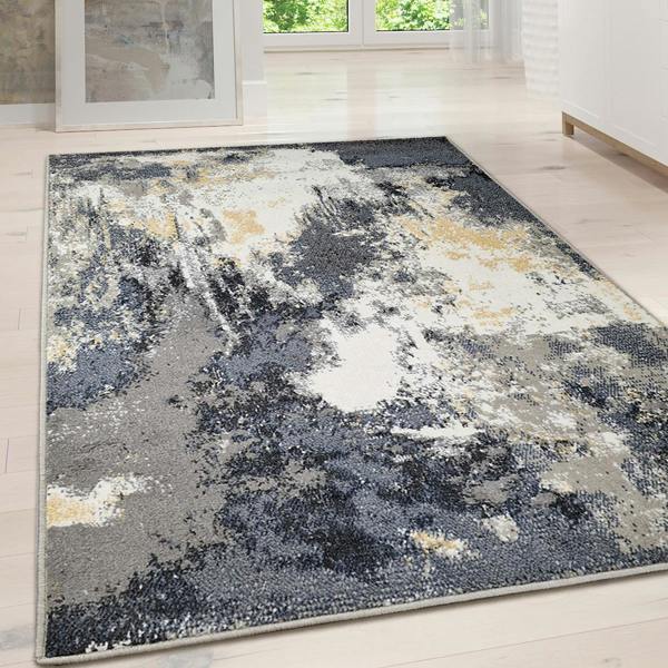 Modern Abstract Mottled Rug Grey Blue Yellow Beige Soft Low Pile Living Room Carpet
