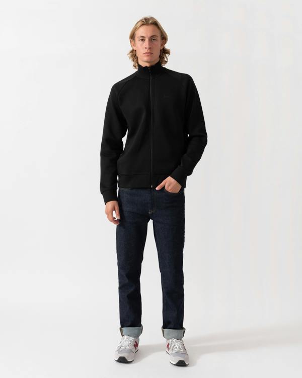 Model wearing the BOSS Green Skaz Mens Full Zip Funnel Neck Sweatshirt with Tonal Logo - Black 001