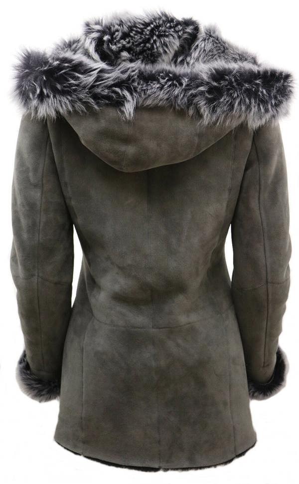 Infinity Leather Womens Grey Suede Hooded Merino Sheepskin Coat-Monrovia