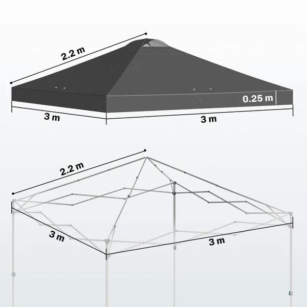 Bobobiy Gazebo Roof Replacement UV50+ Waterproof Pop Up Canopy Cover with 8 Drainage Holes 3 x 3 m Dark Grey