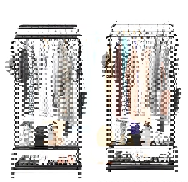 Modcraft Heavy Duty Metal Double Rail Clothes Rack – Freestanding Garment Stand with Shelf