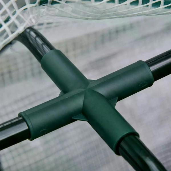 Green PE cover support pole connector under white mesh fabric