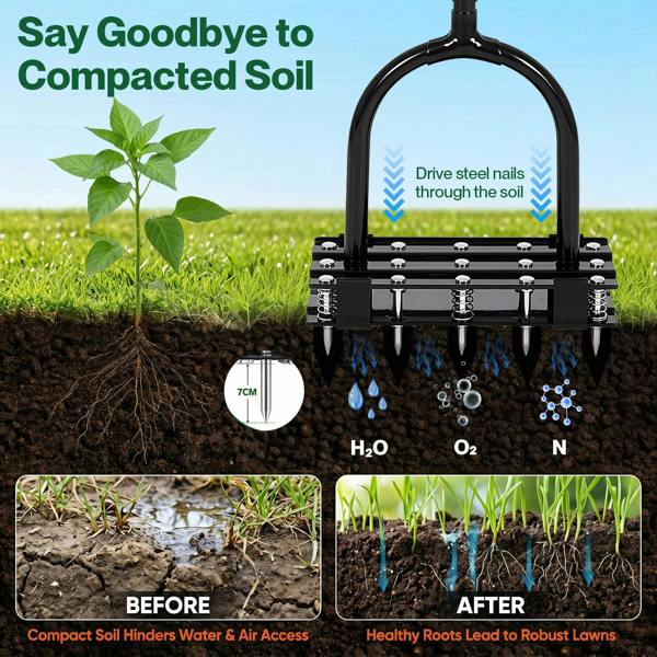 Lambu Lawn Aerator 15 Steel Spikes Adjustable Handle Deep Soil Tool Black