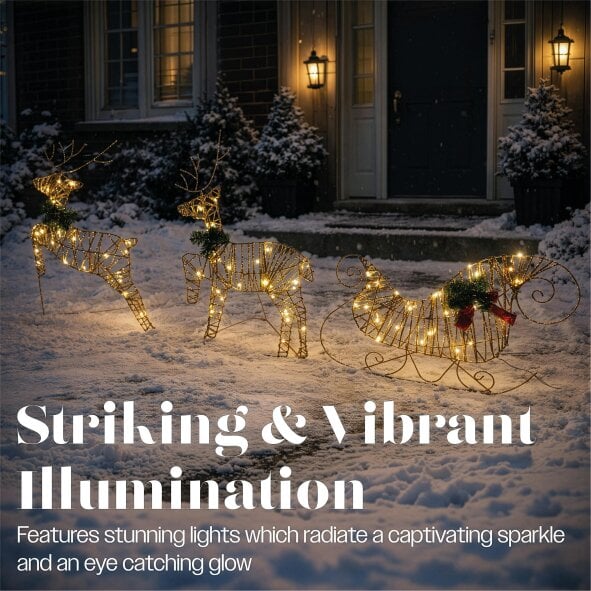 Scotts of Stow Xmas Haus Rose Gold Light Up Reindeer and Sleigh Indoor Outdoor Christmas Decoration with Timer