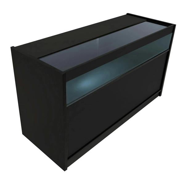 Sleek black Hyperion LED shop counter set with glass display top, featuring smooth surfaces and modern design elements