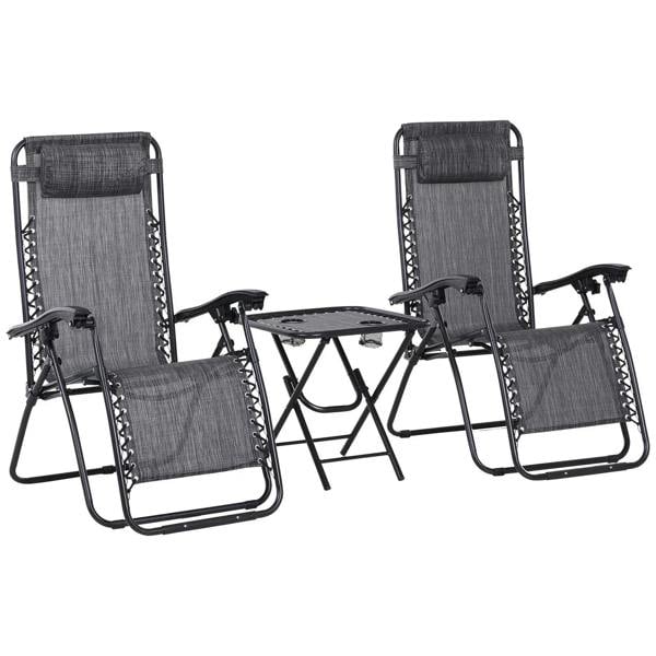 Set of folding zero-gravity lounge chairs with light grey mesh fabric and black frames