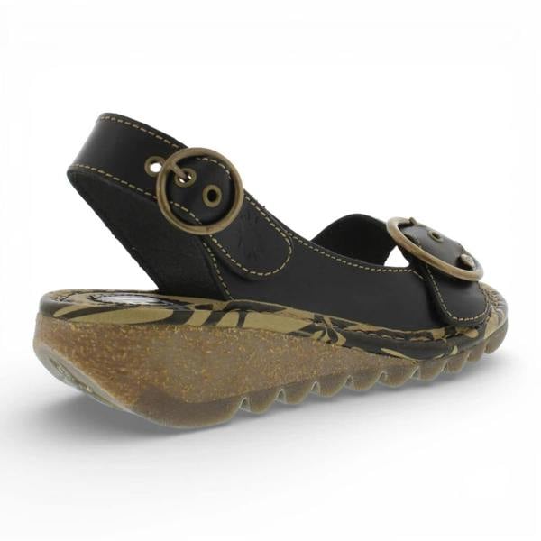 Fly London TRAM723FLY - Women’s Black Leather Wedge Sandals
