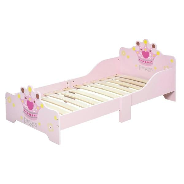Pink toddler princess bed with crown end panels, safety rails, and wooden slats
