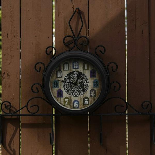 The Garden Marketplace Clock with Coat Hooks, Single-Sided Wall-Mount Design for Indoor or Outdoor Use, Black Metal Finish, 15cm Clock Face
