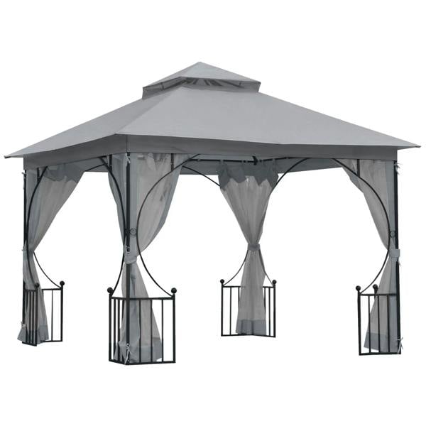 Light grey 3x3m garden gazebo with double-tier canopy and hanging mesh curtains