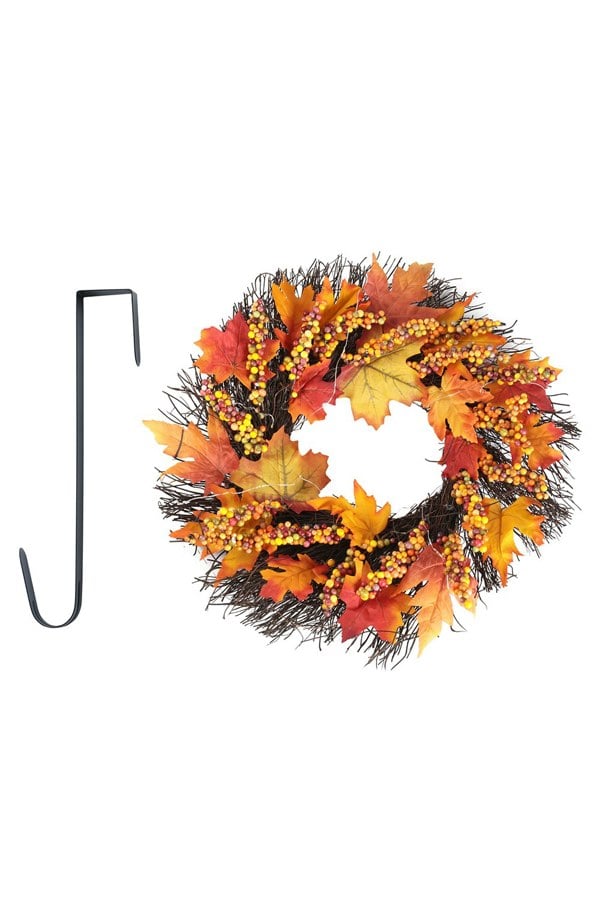 Living and Home 45cm Artificial Fall Wreath for Front Door with Hook & Light Maple Leaf Berry Rattan Ring Wreath