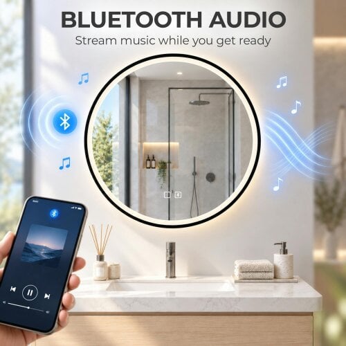 HOMCOM LED Bathroom Mirror, 60cm Round Bathroom Mirror, Dimmable, Black