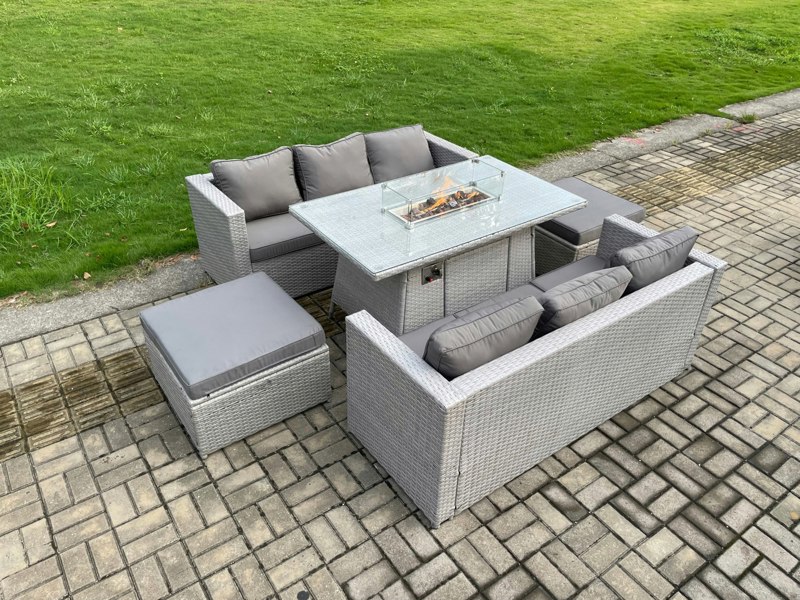 Fimous Rattan Outdoor Garden Furniture Set with Gas Fire Pit Dining Table, 2 Large Footstools, 2 Sofas - 8 Seater - Light Grey