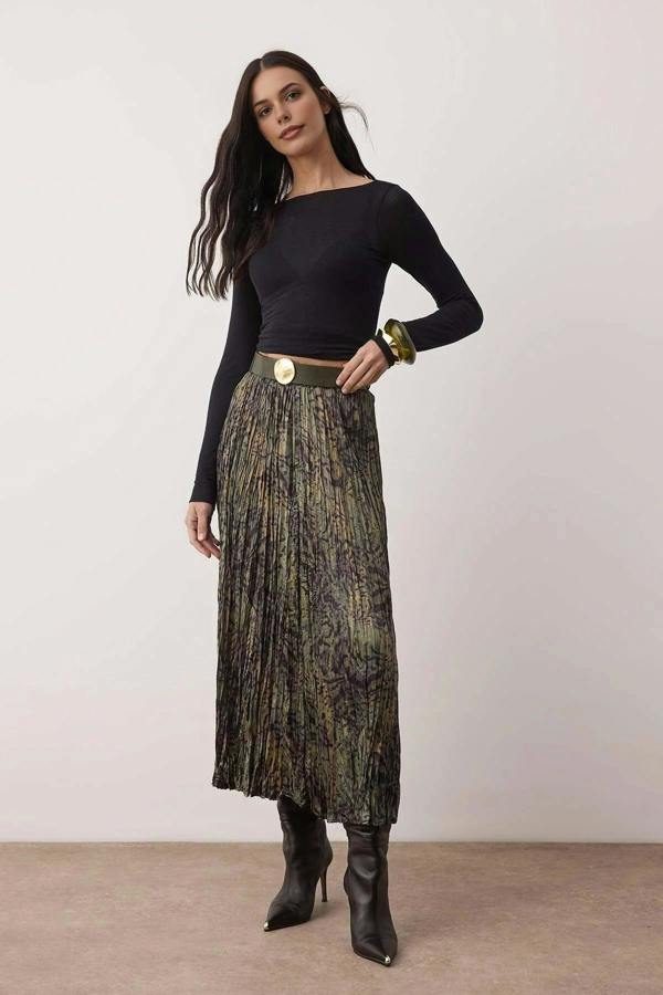WOVCOR Animal Print Belted Midi Woven Satin Pleated Skirt